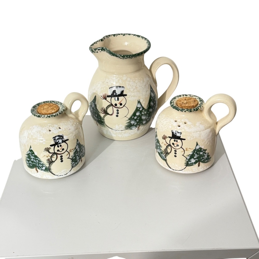 Patton Stoneware Pottery Creamer Salt Pepper Shaker Set Cream Snowman 3pc